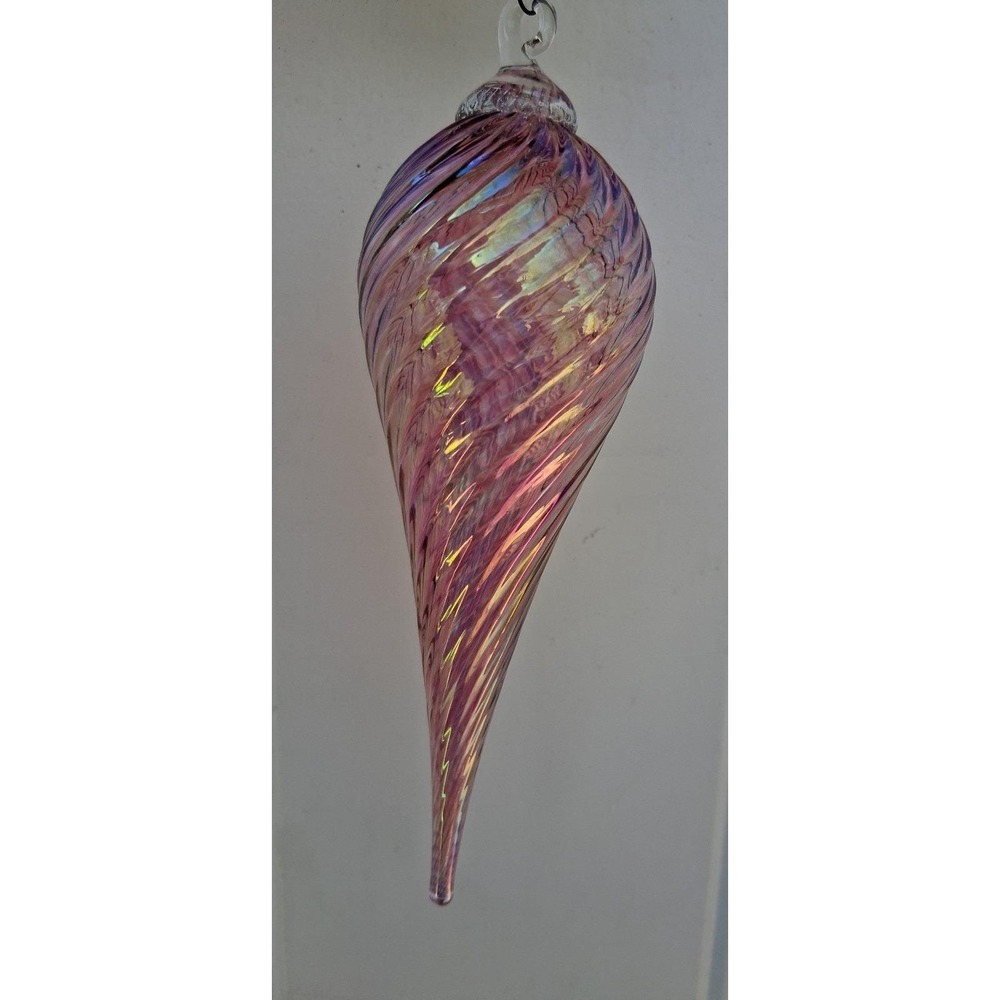 Vintage Hand Blown Pink Iridescent Glass Teardrop Sun Catcher Ornament 6.5"